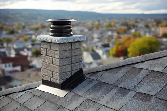 Gray block chimney with a stone crown and black cap above a hillside town under a cloudy sky