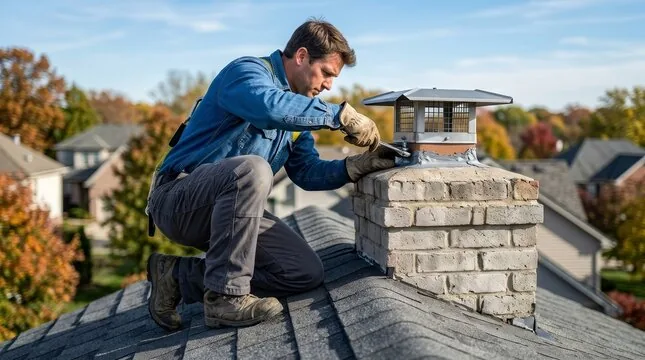 Technician tightening a stainless cap on a painted brick chimney