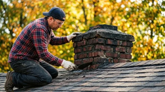 Mason kneeling on a roof inspecting a chimney's cracked crown