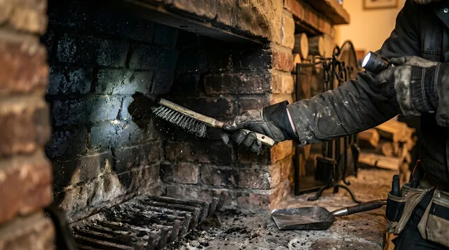 Hand brush and flashlight cleaning a sooty brick firebox