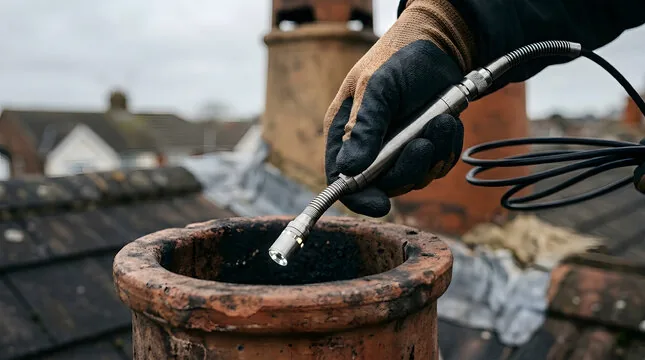 Inspection camera being lowered into a sooty clay chimney pot