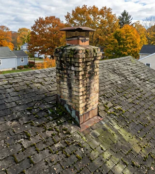 Before: pale chimney covered in moss and stains on a mossy roof