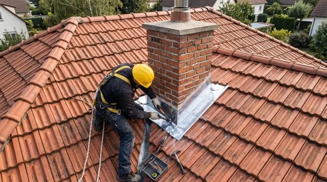 Roofer in a harness and hard hat installing flashing at a chimney on a tile roof