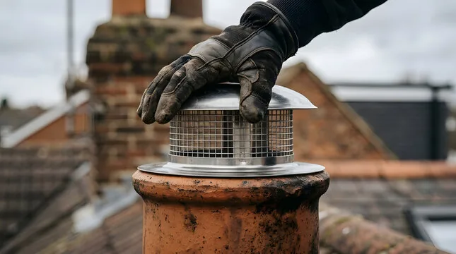 Gloved hand setting a mesh screen cap on a clay chimney pot