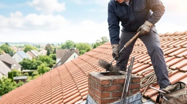 Sweeping a chimney on a tile roof