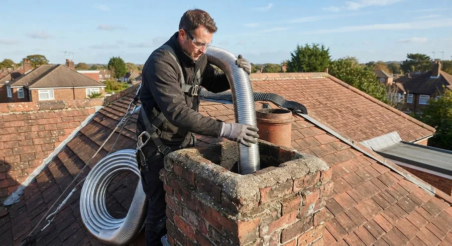Harnessed technician feeding a stainless liner down a brick chimney on a tile roof